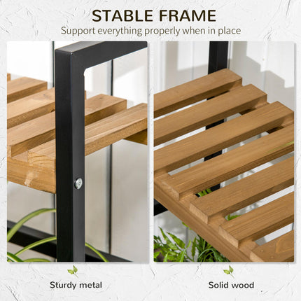 3 Tier Plant Stand with Hanging Hooks and Wooden Shelves - Black Steel Frame
