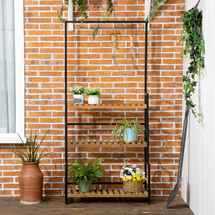 3 Tier Plant Stand with Hanging Hooks and Wooden Shelves - Black Steel Frame