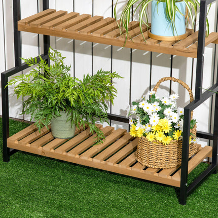 3 Tier Plant Stand with Hanging Hooks and Wooden Shelves - Black Steel Frame