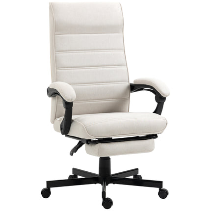 High-Back Linen Swivel Reclining Office Chair with Adjustable Height, Footrest & Padded Armrest - Cream White