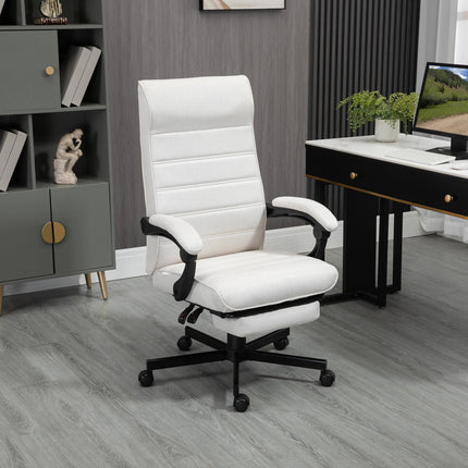 High-Back Linen Swivel Reclining Office Chair with Adjustable Height, Footrest & Padded Armrest - Cream White