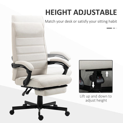 High-Back Linen Swivel Reclining Office Chair with Adjustable Height, Footrest & Padded Armrest - Cream White
