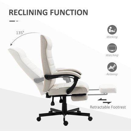 High-Back Linen Swivel Reclining Office Chair with Adjustable Height, Footrest & Padded Armrest - Cream White