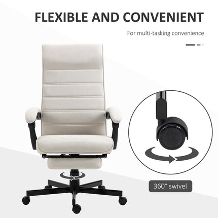 High-Back Linen Swivel Reclining Office Chair with Adjustable Height, Footrest & Padded Armrest - Cream White