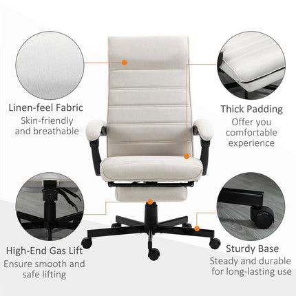 High-Back Linen Swivel Reclining Office Chair with Adjustable Height, Footrest & Padded Armrest - Cream White