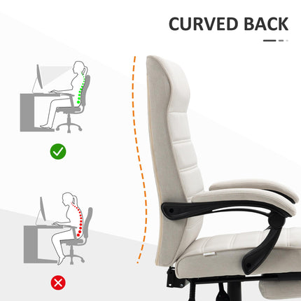High-Back Linen Swivel Reclining Office Chair with Adjustable Height, Footrest & Padded Armrest - Cream White