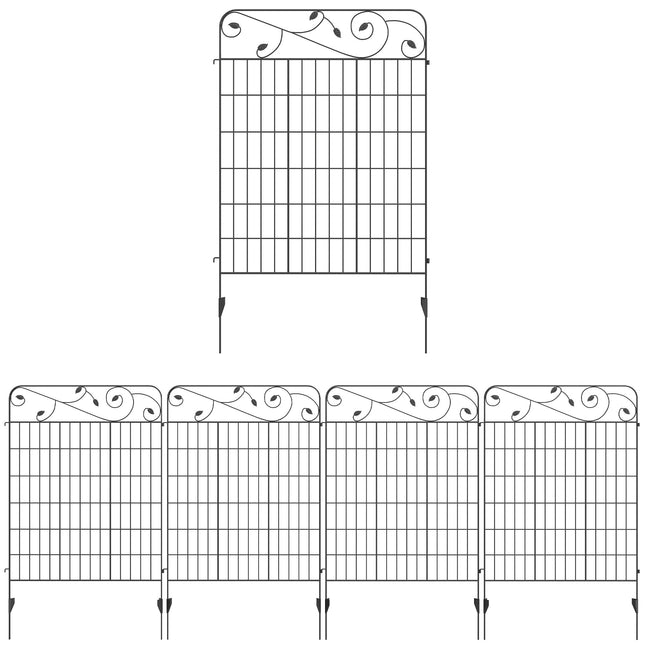 Set of 4 Decorative Metal Garden Fence Panels 110x88cm with Floral Design - Black