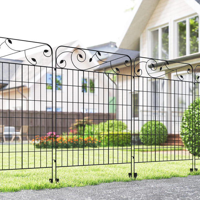 Set of 4 Decorative Metal Garden Fence Panels 110x88cm with Floral Design - Black
