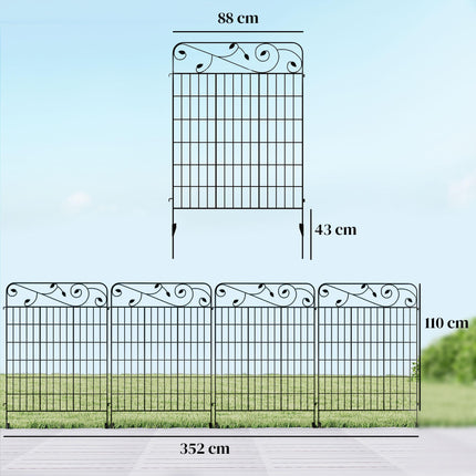 Set of 4 Decorative Metal Garden Fence Panels 110x88cm with Floral Design - Black