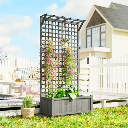 Raised Bed with Drainage Holes, Wood Planter with Trellis for Climbing Plants, D