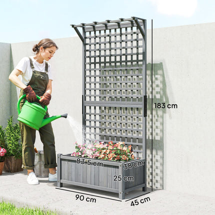 Raised Bed with Drainage Holes, Wood Planter with Trellis for Climbing Plants, D