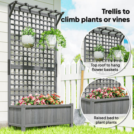 Raised Bed with Drainage Holes, Wood Planter with Trellis for Climbing Plants, D