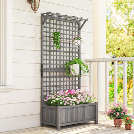 Raised Bed with Drainage Holes, Wood Planter with Trellis for Climbing Plants, D