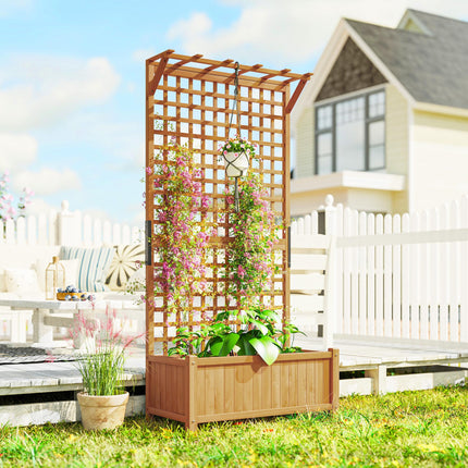 Raised Bed with Drainage Holes, Wood Planter with Trellis for Climbing Plants to