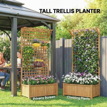Raised Bed with Drainage Holes, Wood Planter with Trellis for Climbing Plants to
