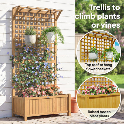Raised Bed with Drainage Holes, Wood Planter with Trellis for Climbing Plants to