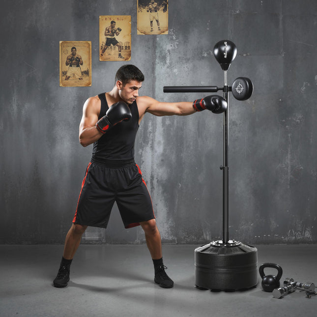 Height Adjustable Free Standing Speed Bag with Reflex Bar, Punching Pad & Suction Cup Base - Black
