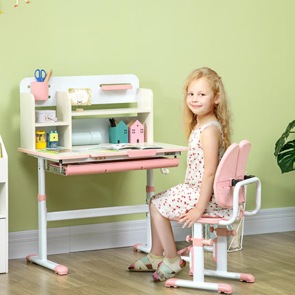 Adjustable Kids Desk and Chair Set with Storage Shelves - Pink