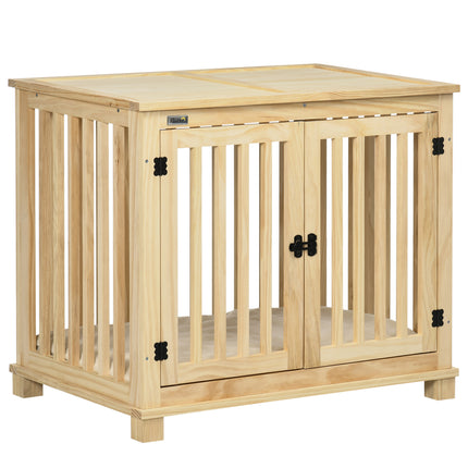 Wooden Medium Dog Crate with Double Doors and Cushion - Natural Finish