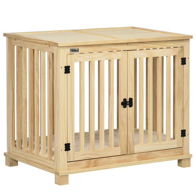 Wooden Medium Dog Crate with Double Doors and Cushion - Natural Finish