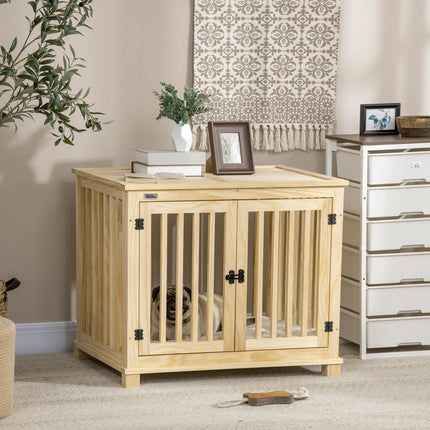 Wooden Medium Dog Crate with Double Doors and Cushion - Natural Finish