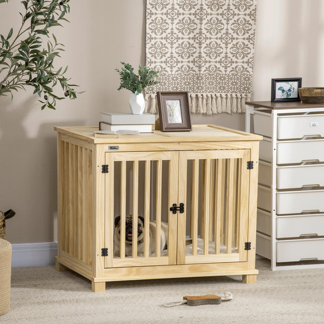 Wooden Medium Dog Crate with Double Doors and Cushion - Natural Finish