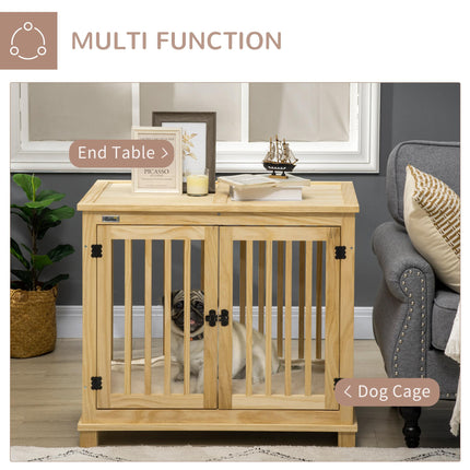 Wooden Medium Dog Crate with Double Doors and Cushion - Natural Finish