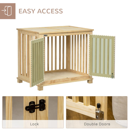 Wooden Medium Dog Crate with Double Doors and Cushion - Natural Finish