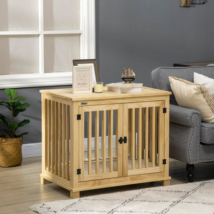 Wooden Medium Dog Crate with Double Doors and Cushion - Natural Finish