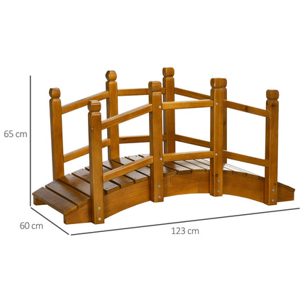 Wooden Garden Footbridge with Safety Railings, Arched Pond Bridge - Brown