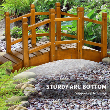 Wooden Garden Footbridge with Safety Railings, Arched Pond Bridge - Brown