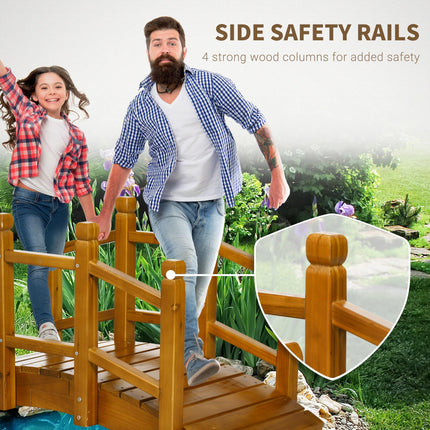 Wooden Garden Footbridge with Safety Railings, Arched Pond Bridge - Brown