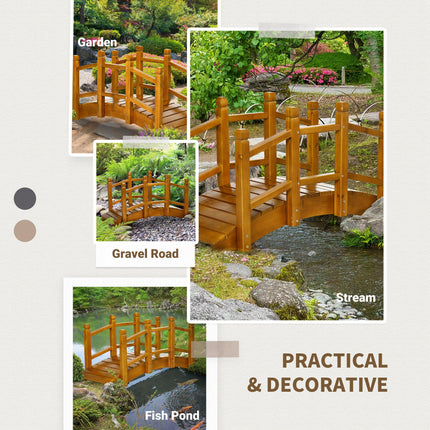 Wooden Garden Footbridge with Safety Railings, Arched Pond Bridge - Brown