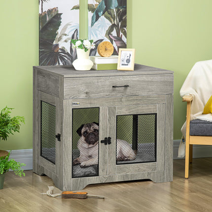 Indoor Dog Crate Furniture with Cushion, Double Doors & Drawer for Medium Dogs - Grey