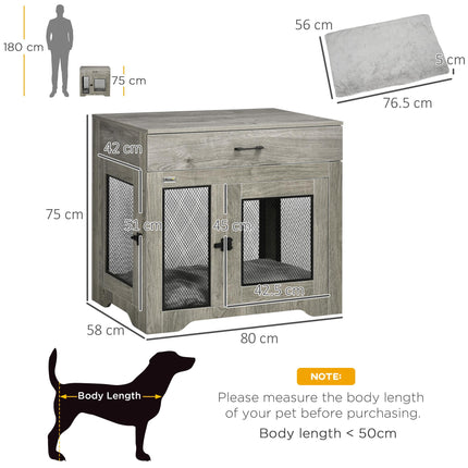 Indoor Dog Crate Furniture with Cushion, Double Doors & Drawer for Medium Dogs - Grey