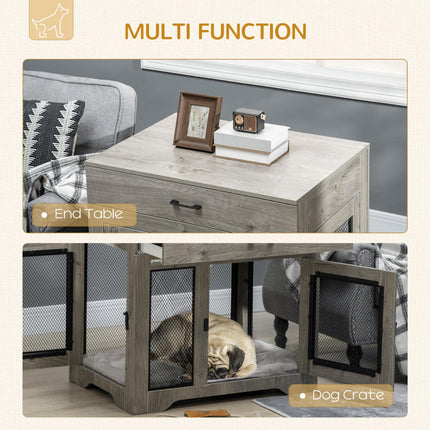 Indoor Dog Crate Furniture with Cushion, Double Doors & Drawer for Medium Dogs - Grey