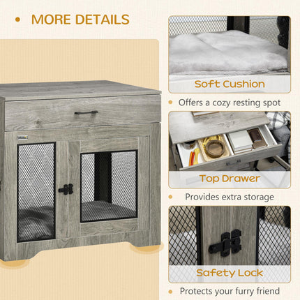 Indoor Dog Crate Furniture with Cushion, Double Doors & Drawer for Medium Dogs - Grey