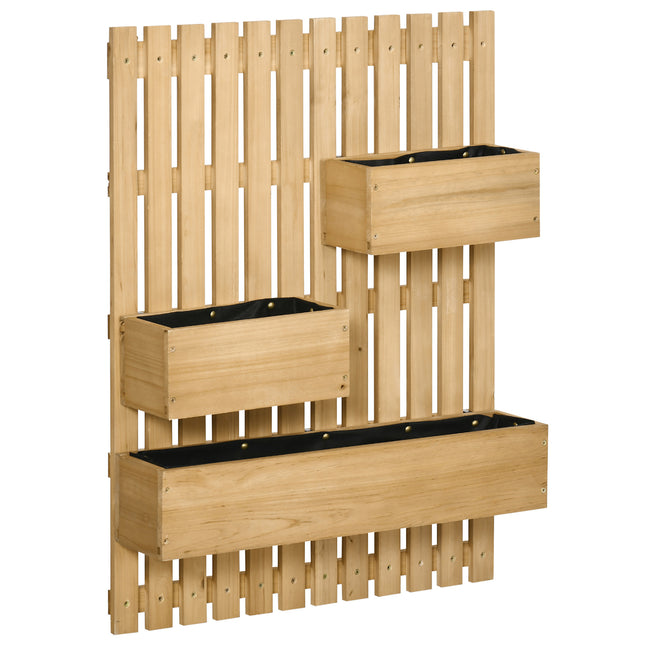 3 Piece Wall-Mounted Wooden Garden Planters with Trellis - Natural