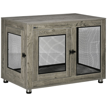 Two-In-One Large Dog Cage & Side Table with Two Doors and Cushion - Grey and Black