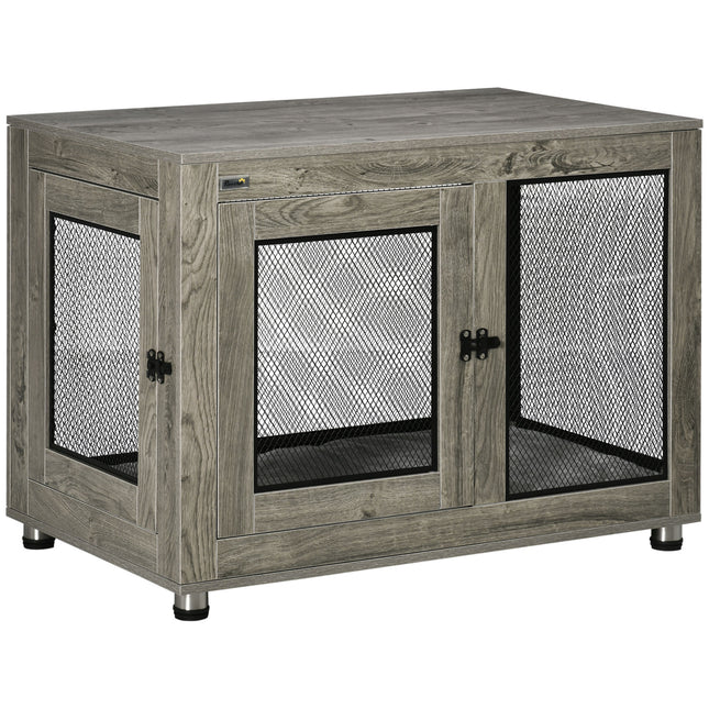 Two-In-One Large Dog Cage & Side Table with Two Doors and Cushion - Grey and Black
