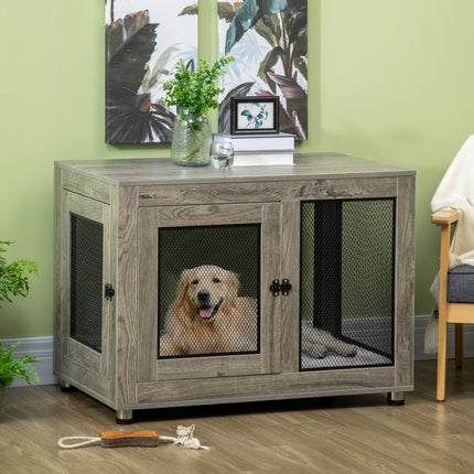 Two-In-One Large Dog Cage & Side Table with Two Doors and Cushion - Grey and Black