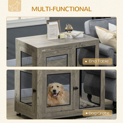Two-In-One Large Dog Cage & Side Table with Two Doors and Cushion - Grey and Black