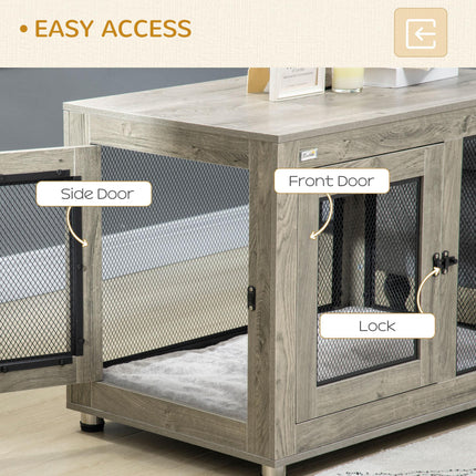 Two-In-One Large Dog Cage & Side Table with Two Doors and Cushion - Grey and Black