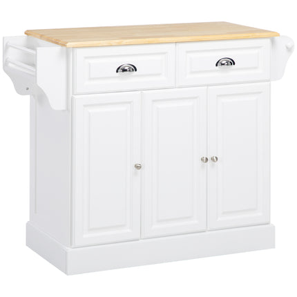 Kitchen Island Rolling Serving Cart with Storage Drawer, Cabinet & Rubber Wood Top - White