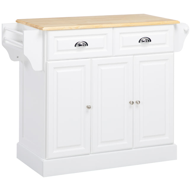 Kitchen Island Rolling Serving Cart with Storage Drawer, Cabinet & Rubber Wood Top - White