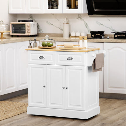 Kitchen Island Rolling Serving Cart with Storage Drawer, Cabinet & Rubber Wood Top - White