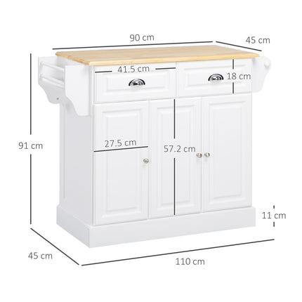 Kitchen Island Rolling Serving Cart with Storage Drawer, Cabinet & Rubber Wood Top - White