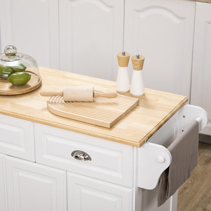 Kitchen Island Rolling Serving Cart with Storage Drawer, Cabinet & Rubber Wood Top - White