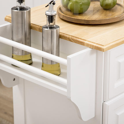 Kitchen Island Rolling Serving Cart with Storage Drawer, Cabinet & Rubber Wood Top - White