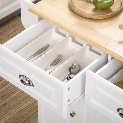 Kitchen Island Rolling Serving Cart with Storage Drawer, Cabinet & Rubber Wood Top - White